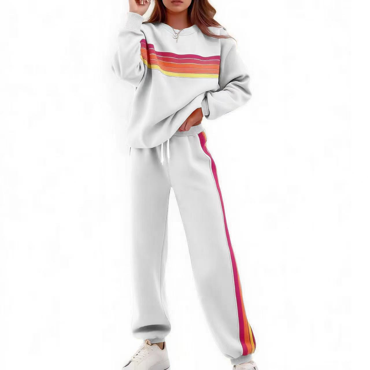Sweater Suit Round Neck Loose Color Stripes Elastic Waist Pants