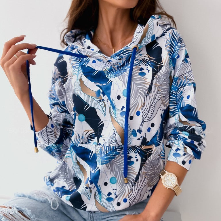 Women's Floral Hooded Rope Pocket Sweatshirt Coat