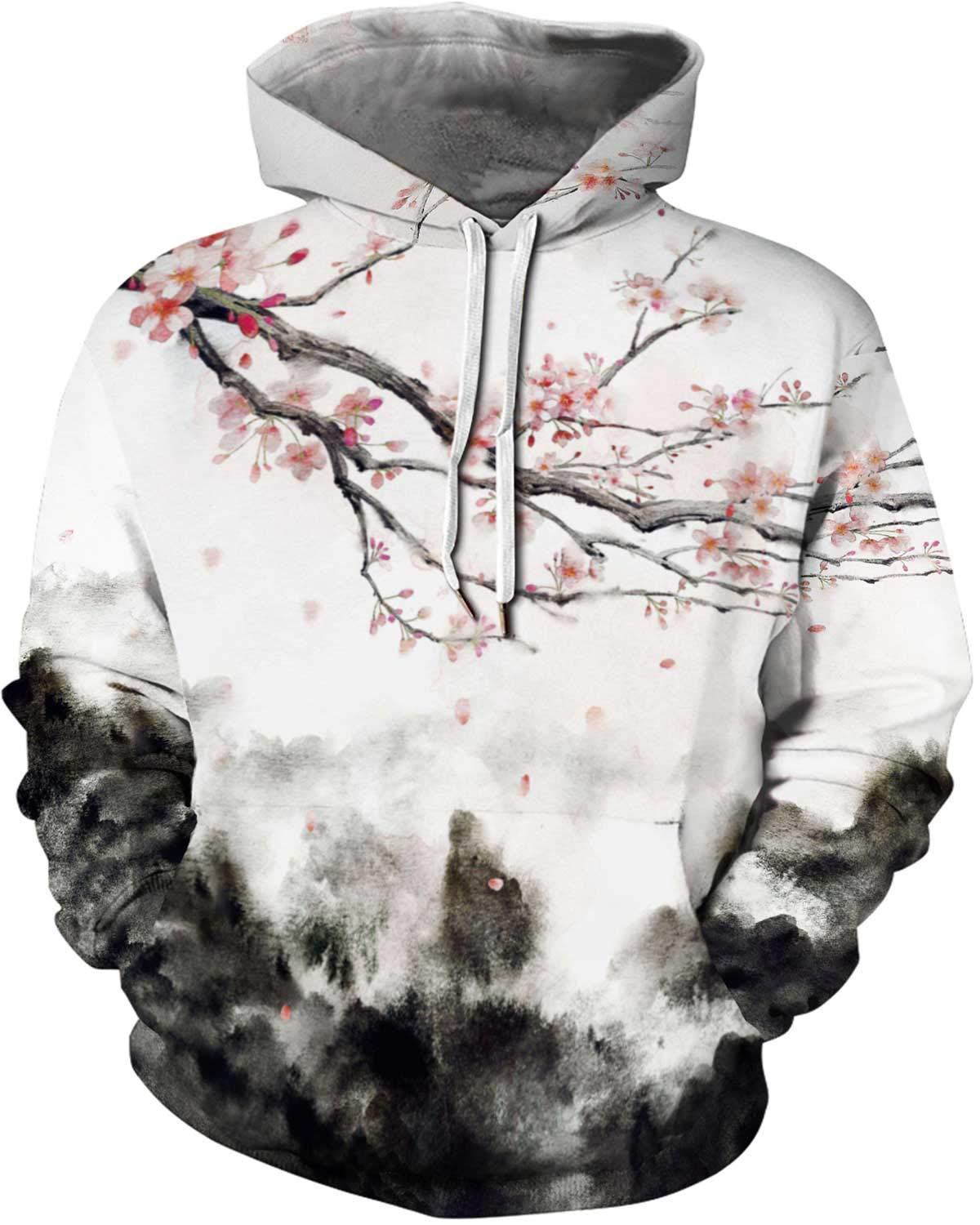 Hooded Pullover Sweatshirt With Plum Blossom Landscape Painting