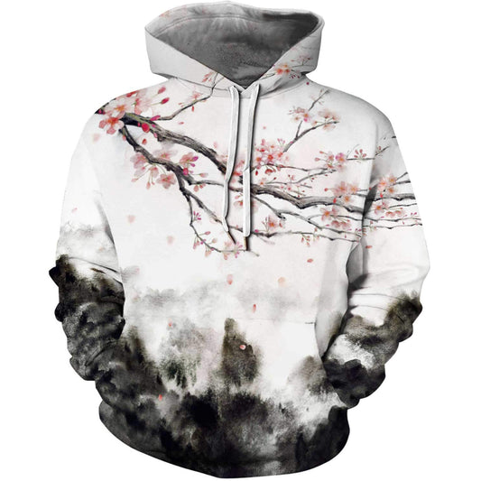 Hooded Pullover Sweatshirt With Plum Blossom Landscape Painting