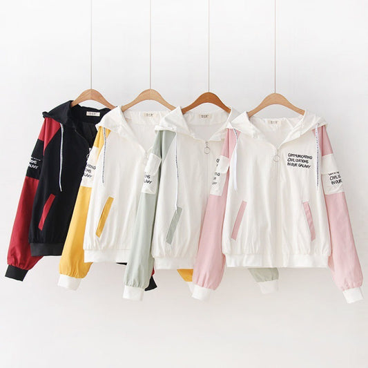 Small Fresh College Style Spring And Autumn New Letter Printing Hooded Jacket Student Girl Loose All-Match Plus Size Top