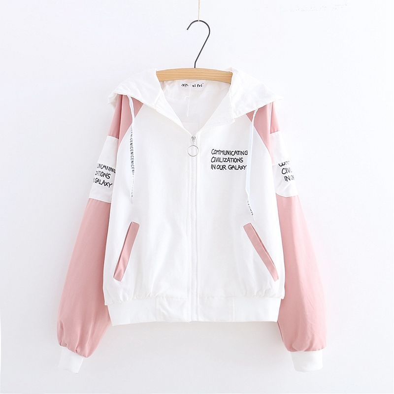 Small Fresh College Style Spring And Autumn New Letter Printing Hooded Jacket Student Girl Loose All-Match Plus Size Top