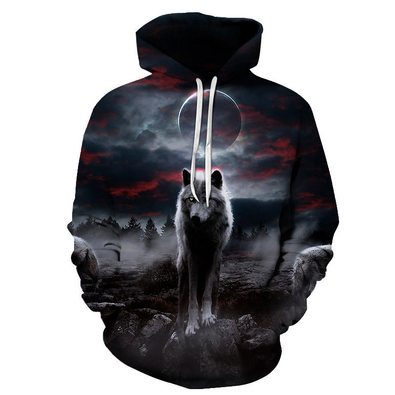 New Evil Wolf Tide Brand Digital Print Hooded Pullover Spring and Autumn Plus Size Couple Top