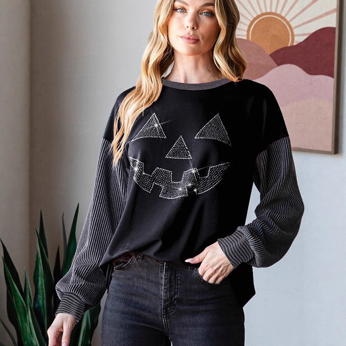 Pullover Crew Neck Personality Trendy Rhinestone Stitching Halloween Sweater