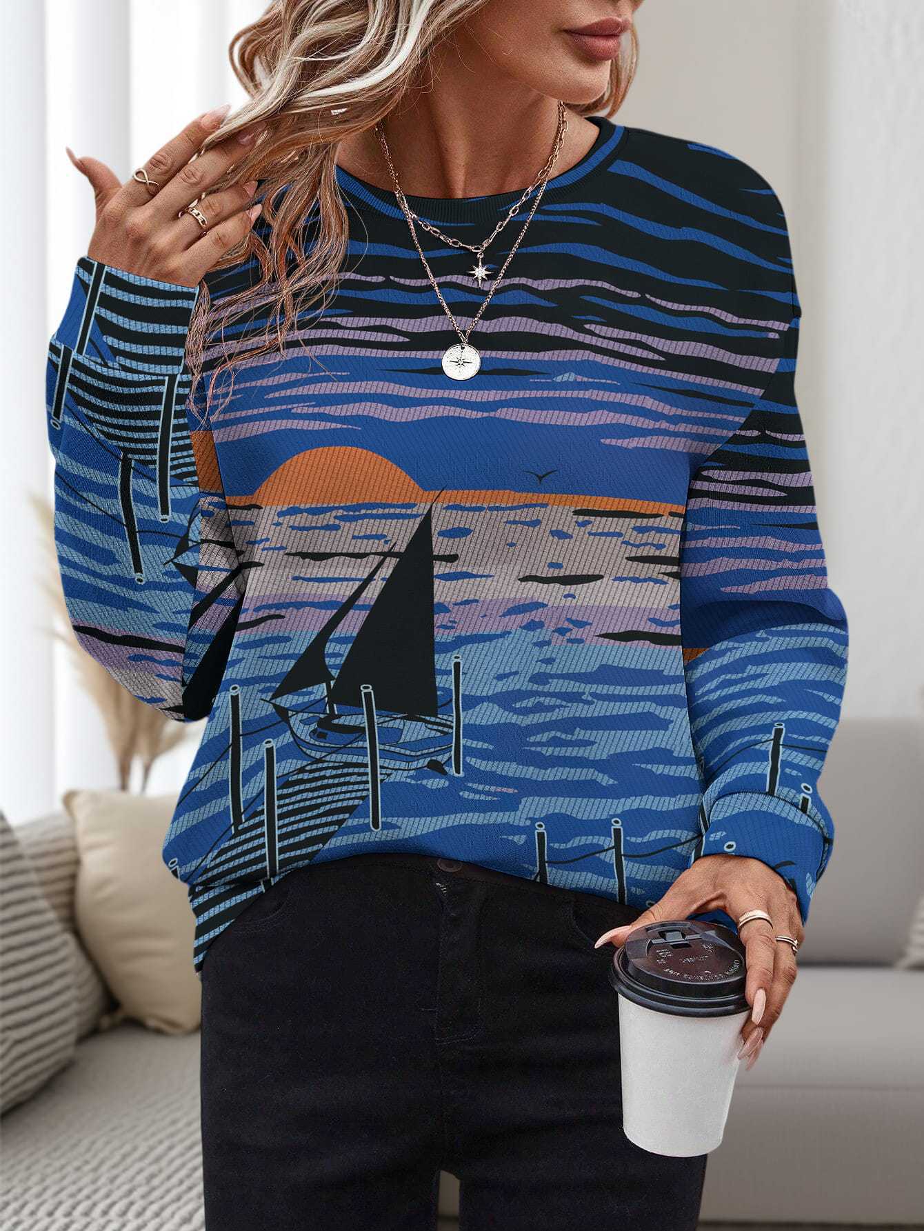 Women's 3D Printed Round Neck Pullover Leisure Loose Sweater