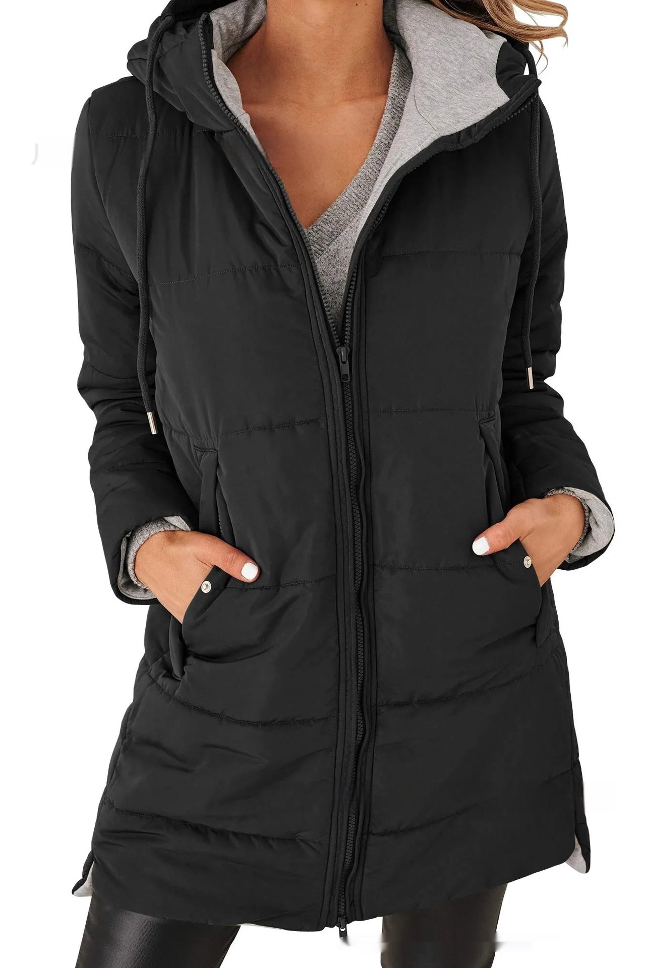 Women's Hooded Solid Color Pocket Long Cotton Jacket Coat