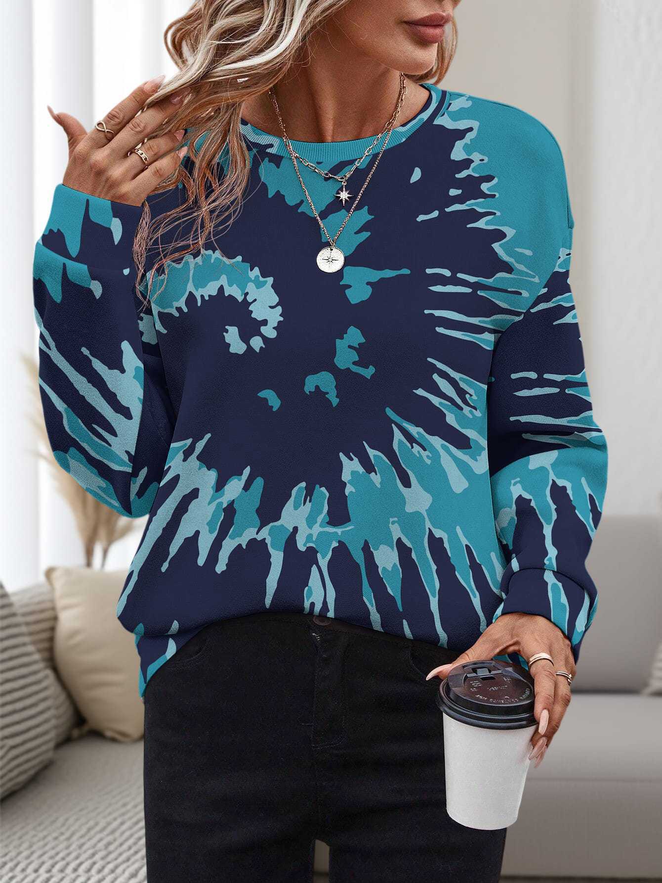 Women's 3D Printed Round Neck Pullover Leisure Loose Sweater