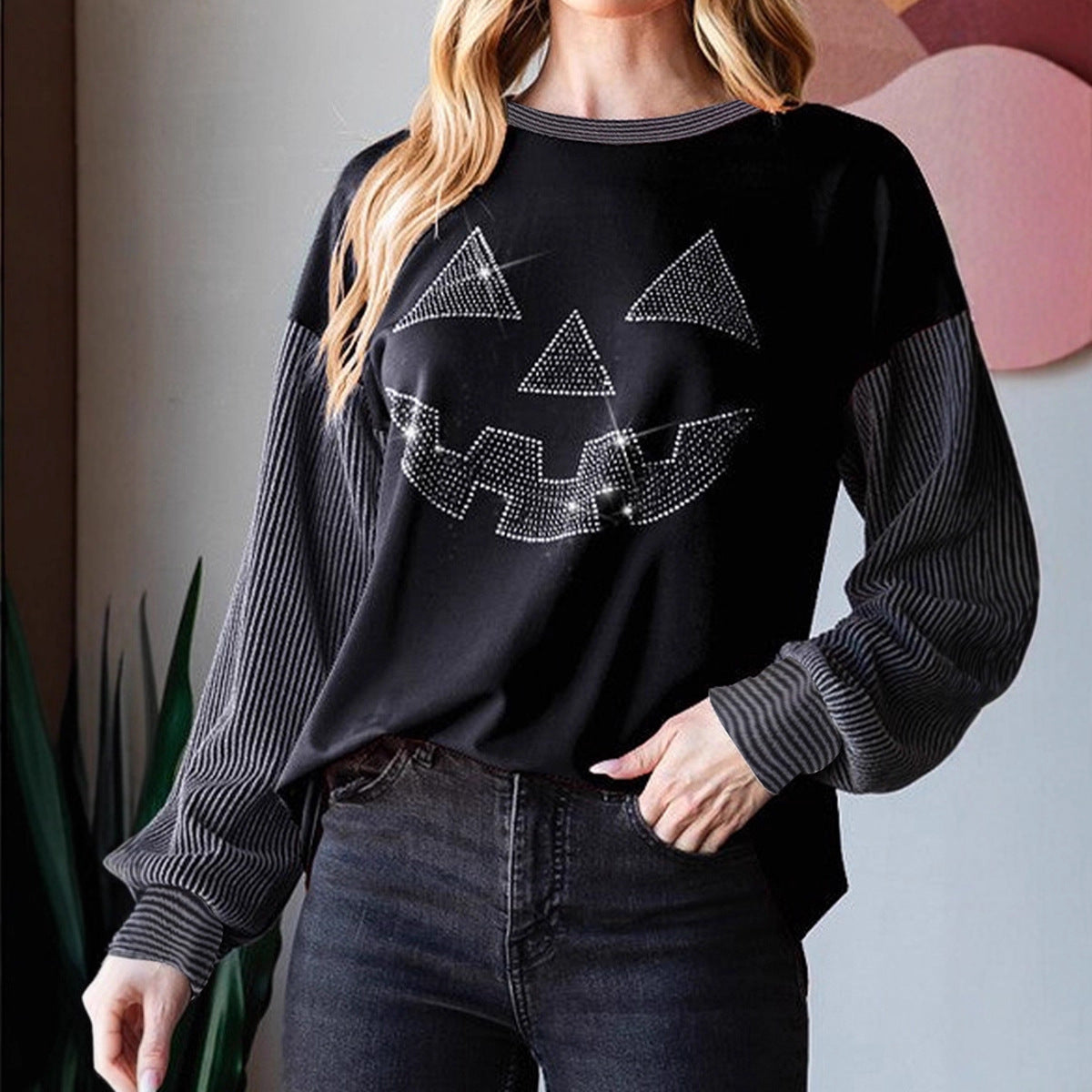 Pullover Crew Neck Personality Trendy Rhinestone Stitching Halloween Sweater