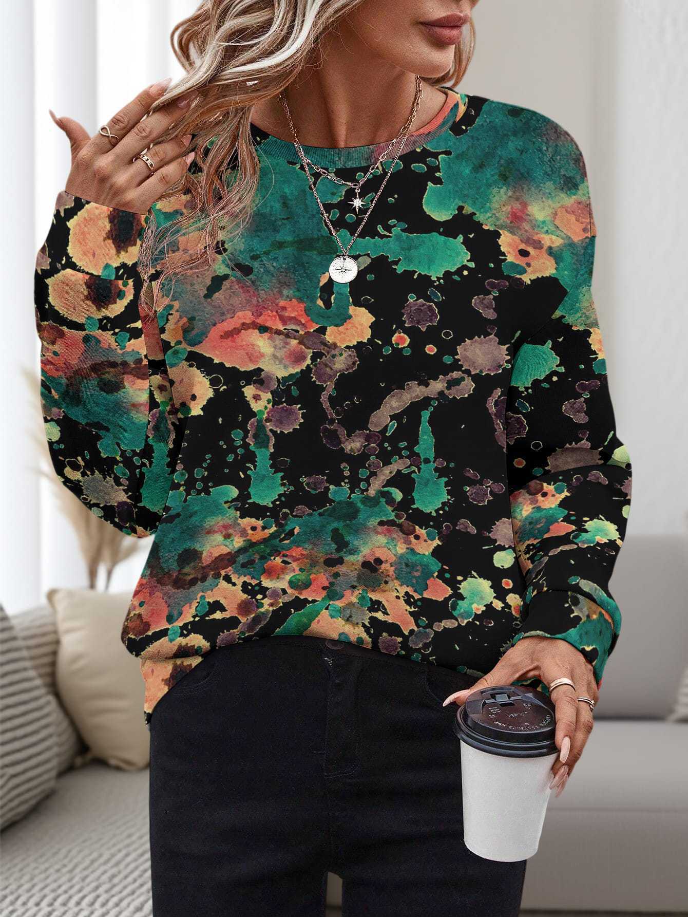 Women's 3D Printed Round Neck Pullover Leisure Loose Sweater