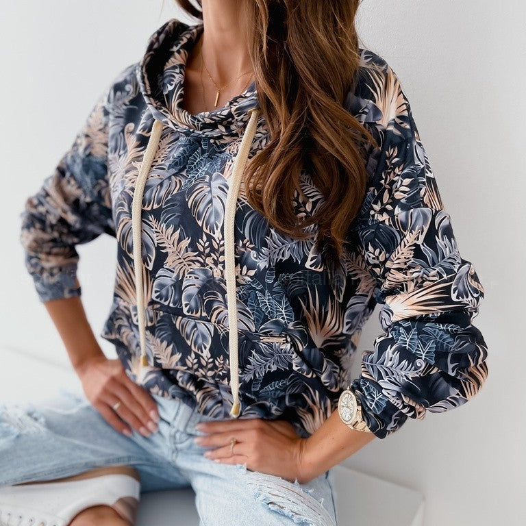 Women's Floral Hooded Rope Pocket Sweatshirt Coat
