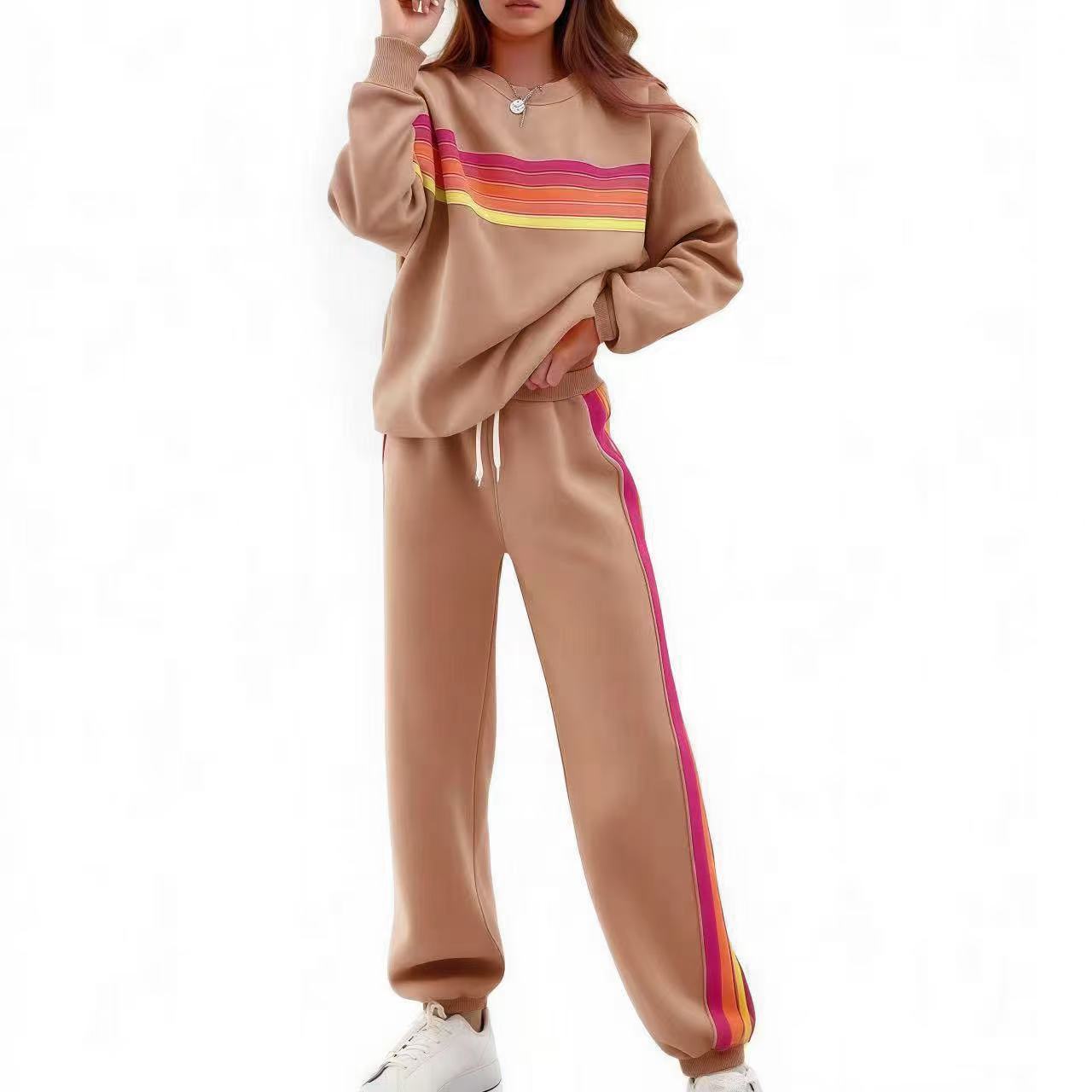 Sweater Suit Round Neck Loose Color Stripes Elastic Waist Pants