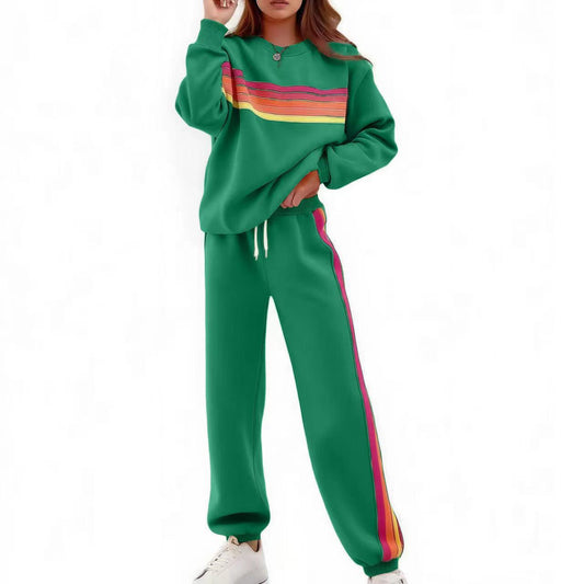 Sweater Suit Round Neck Loose Color Stripes Elastic Waist Pants