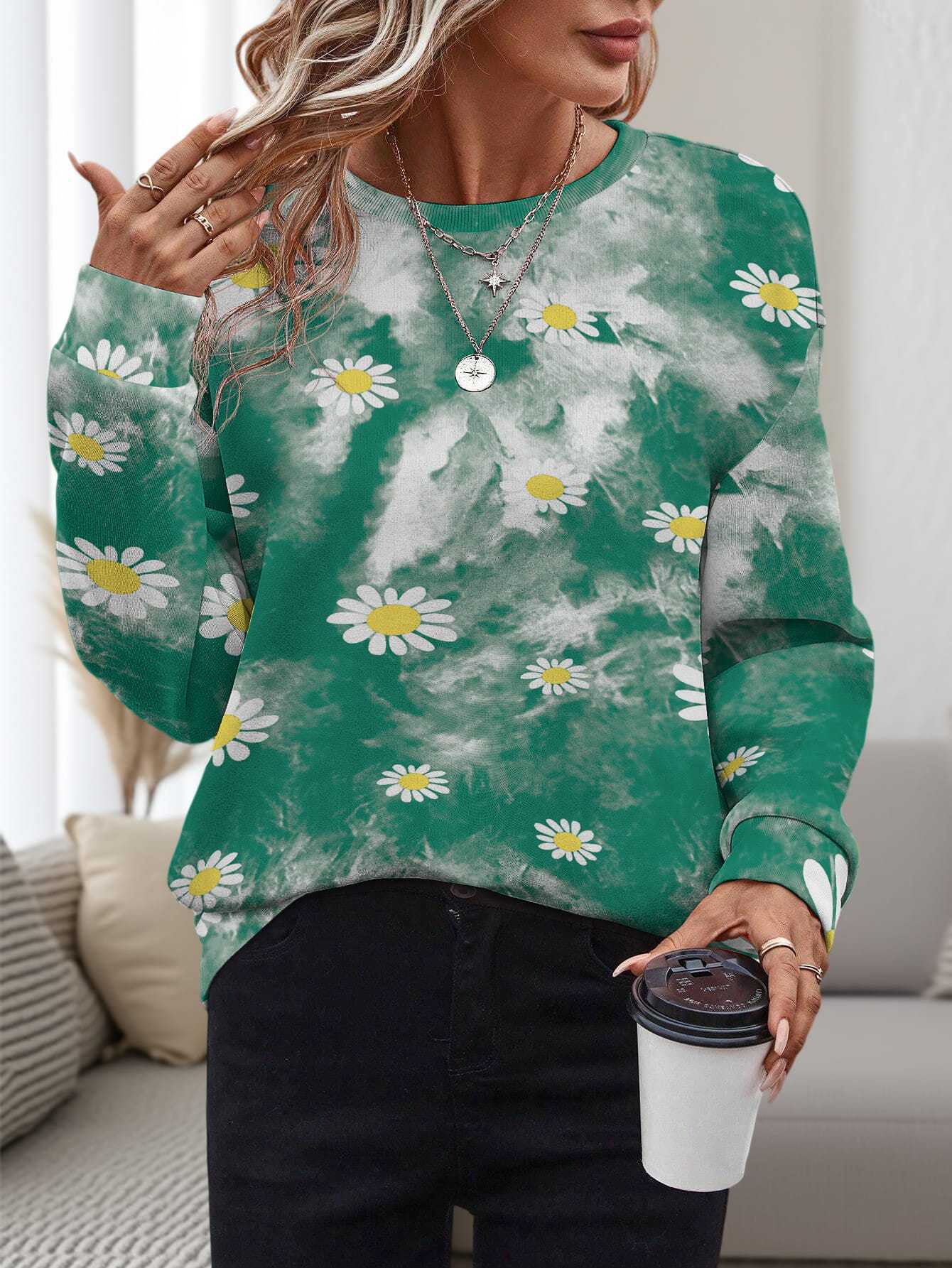 Women's 3D Printed Round Neck Pullover Leisure Loose Sweater