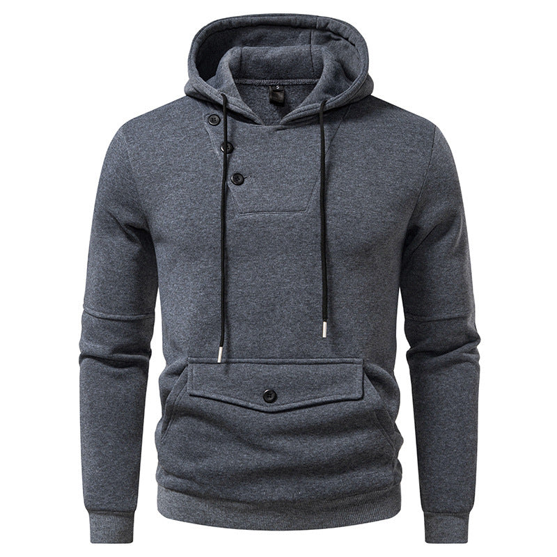 Diagonal Buckle Placket Design Casual Hooded Large Pocket Sweatshirt