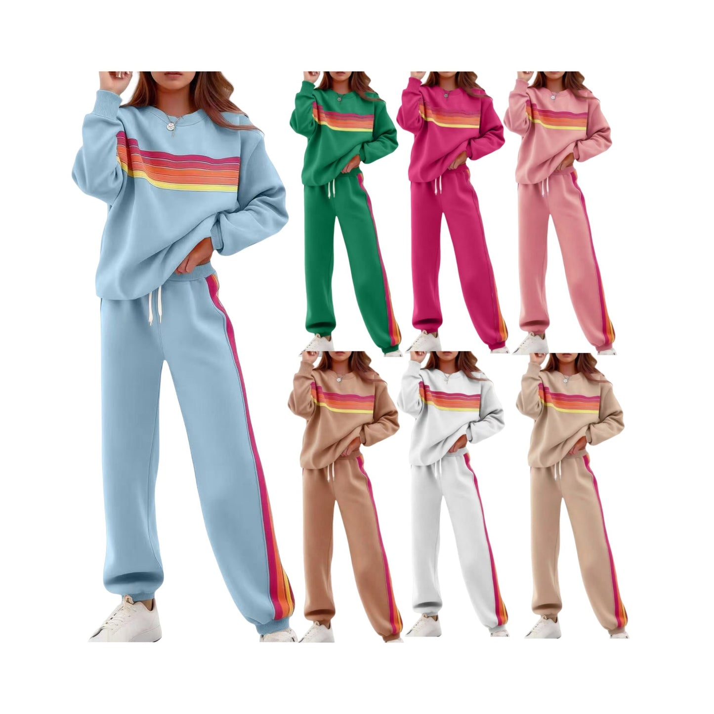 Sweater Suit Round Neck Loose Color Stripes Elastic Waist Pants