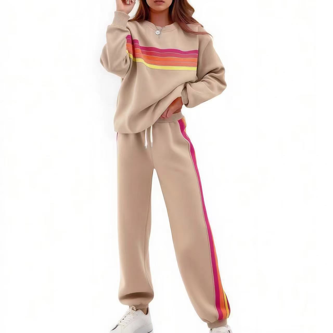 Sweater Suit Round Neck Loose Color Stripes Elastic Waist Pants