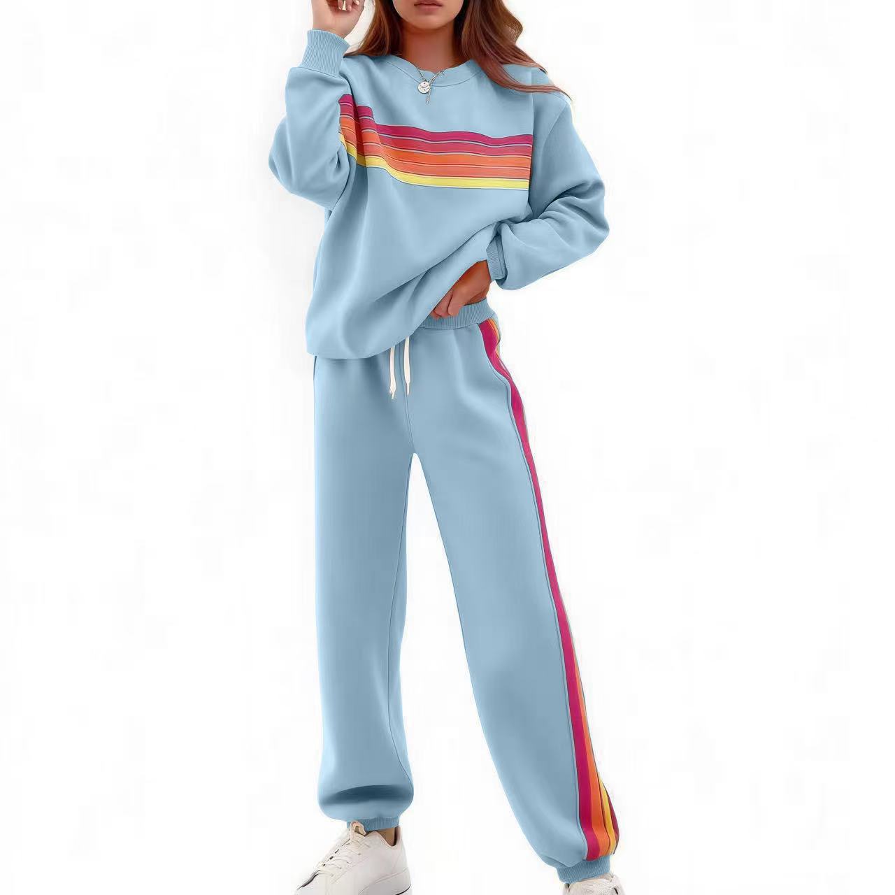 Sweater Suit Round Neck Loose Color Stripes Elastic Waist Pants