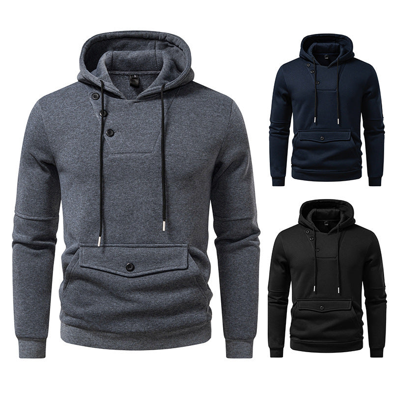 Diagonal Buckle Placket Design Casual Hooded Large Pocket Sweatshirt