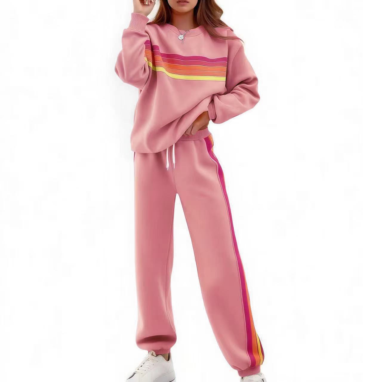 Sweater Suit Round Neck Loose Color Stripes Elastic Waist Pants